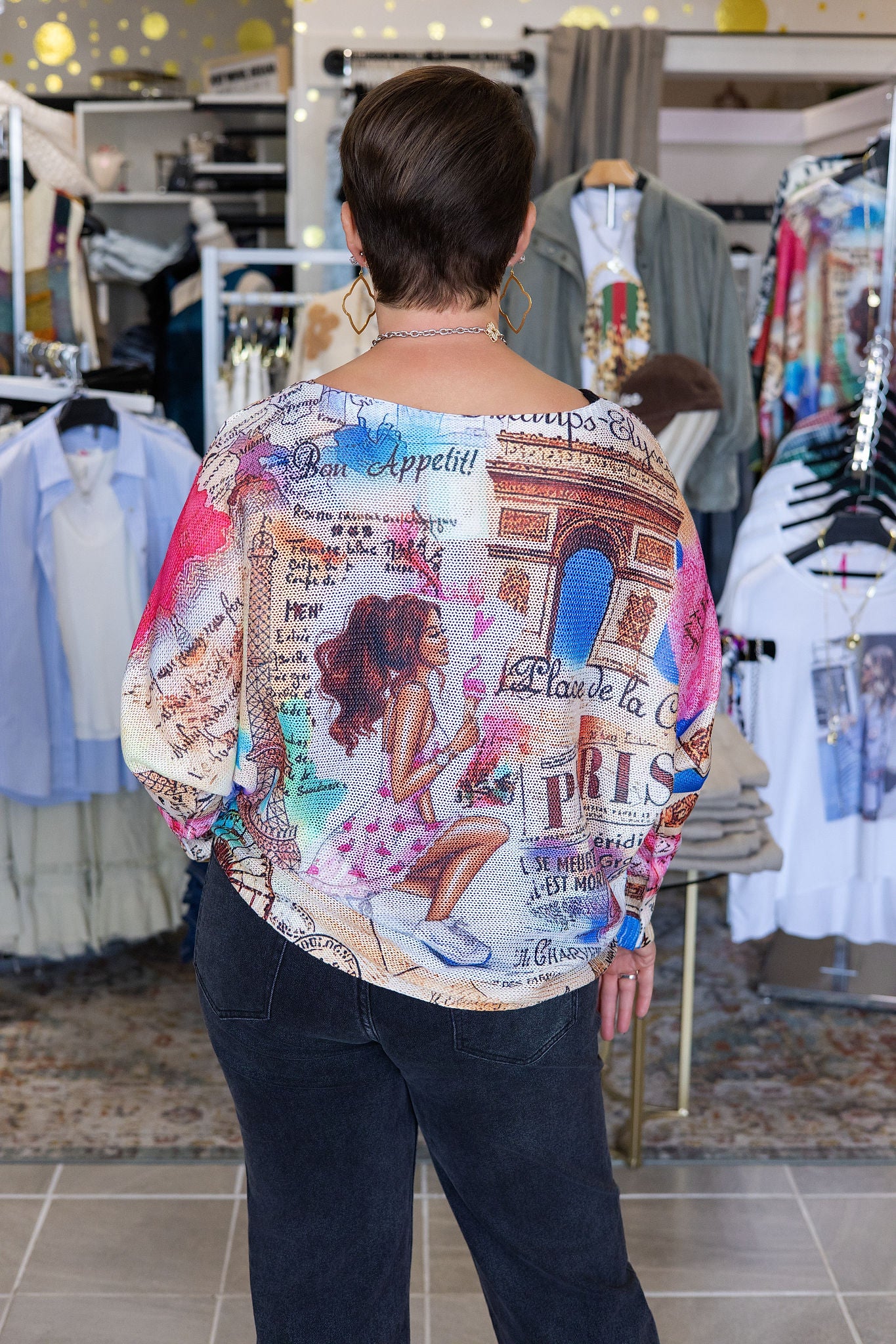 Paris Triomphe Round Neck Knit Printed Sweater