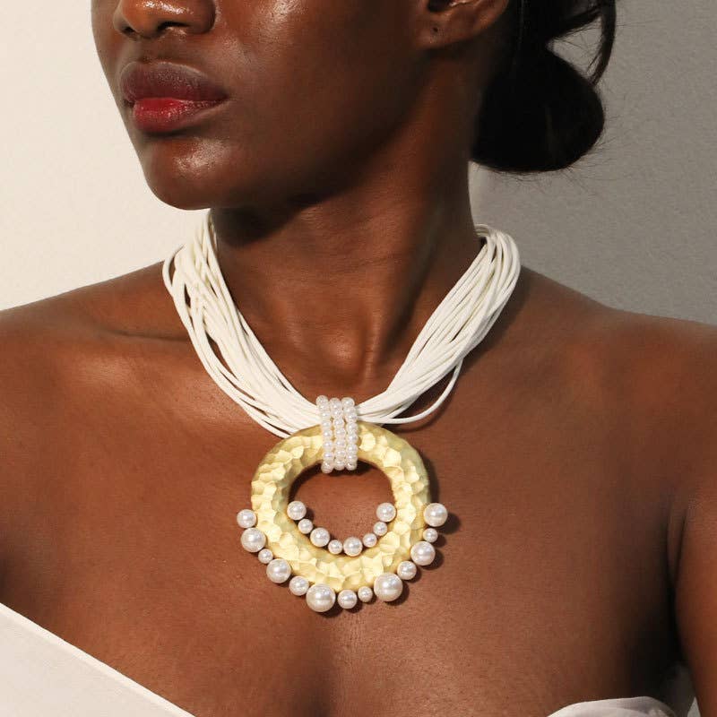 Modern Pearl & Gold Tone Ring Pendant Necklace