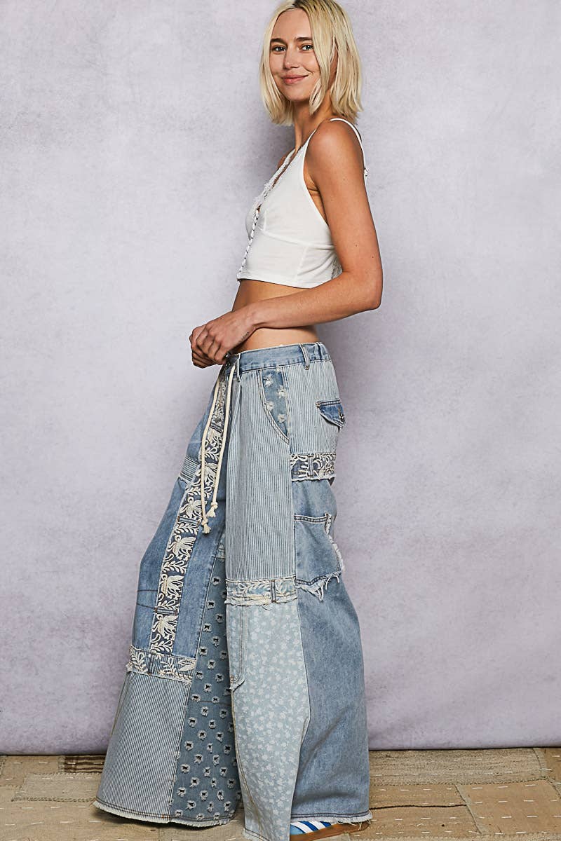 POL Lace-Overlay Detailed Denim Woven Pants