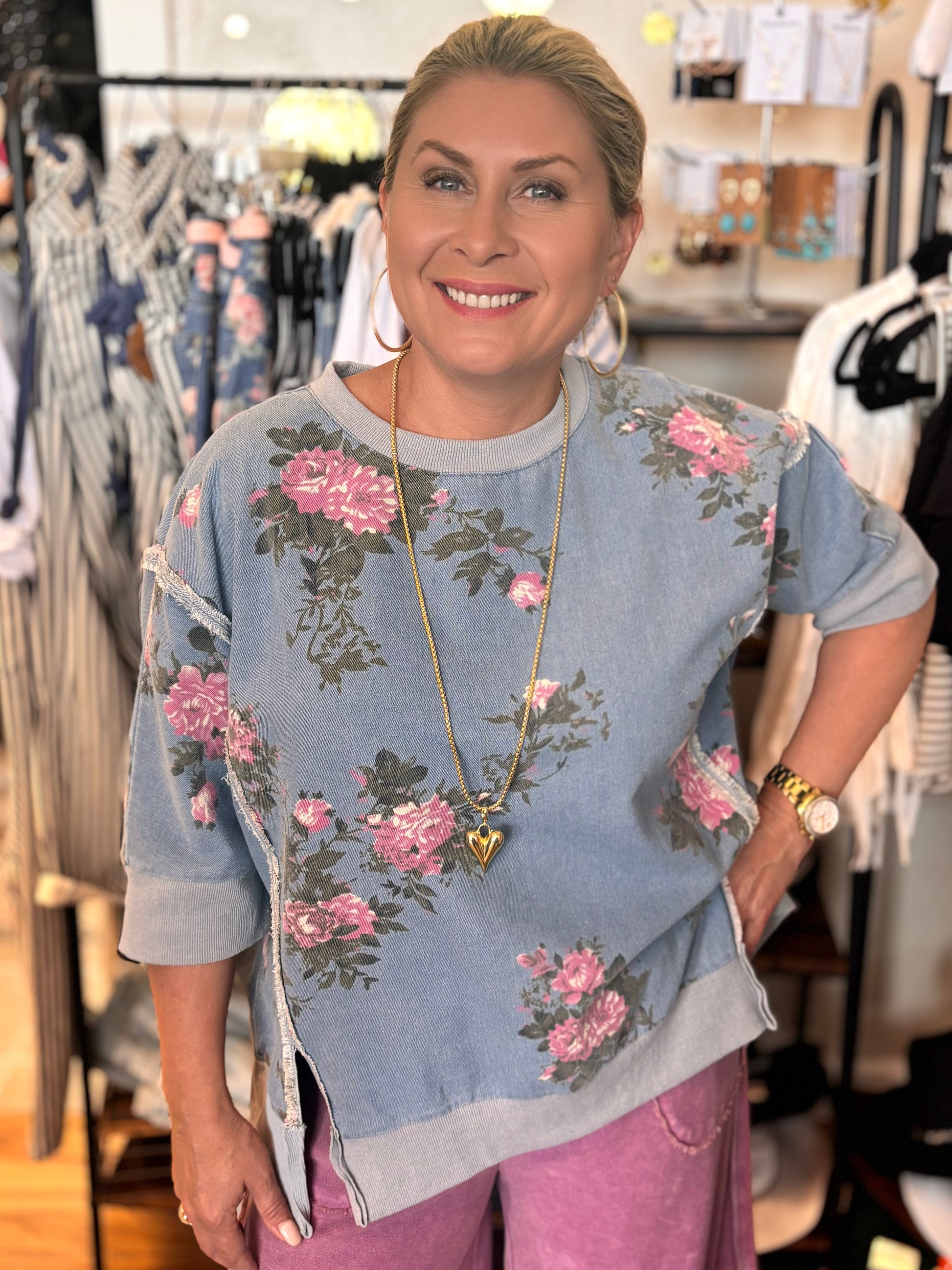 BiBi Elease Denim Floral Short Sleeve Top