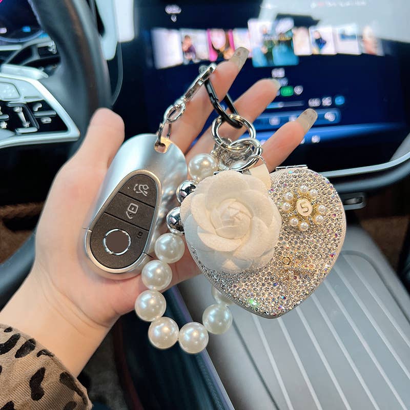 Heart Mirror Keychain with Flower and Pearl Charm 60261