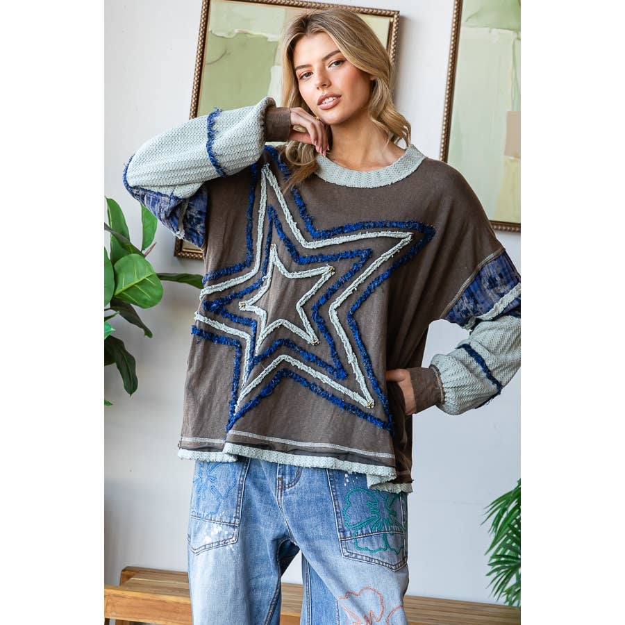 WASHED STAR PATCHWORK LONG SLEEVE KNIT TOP