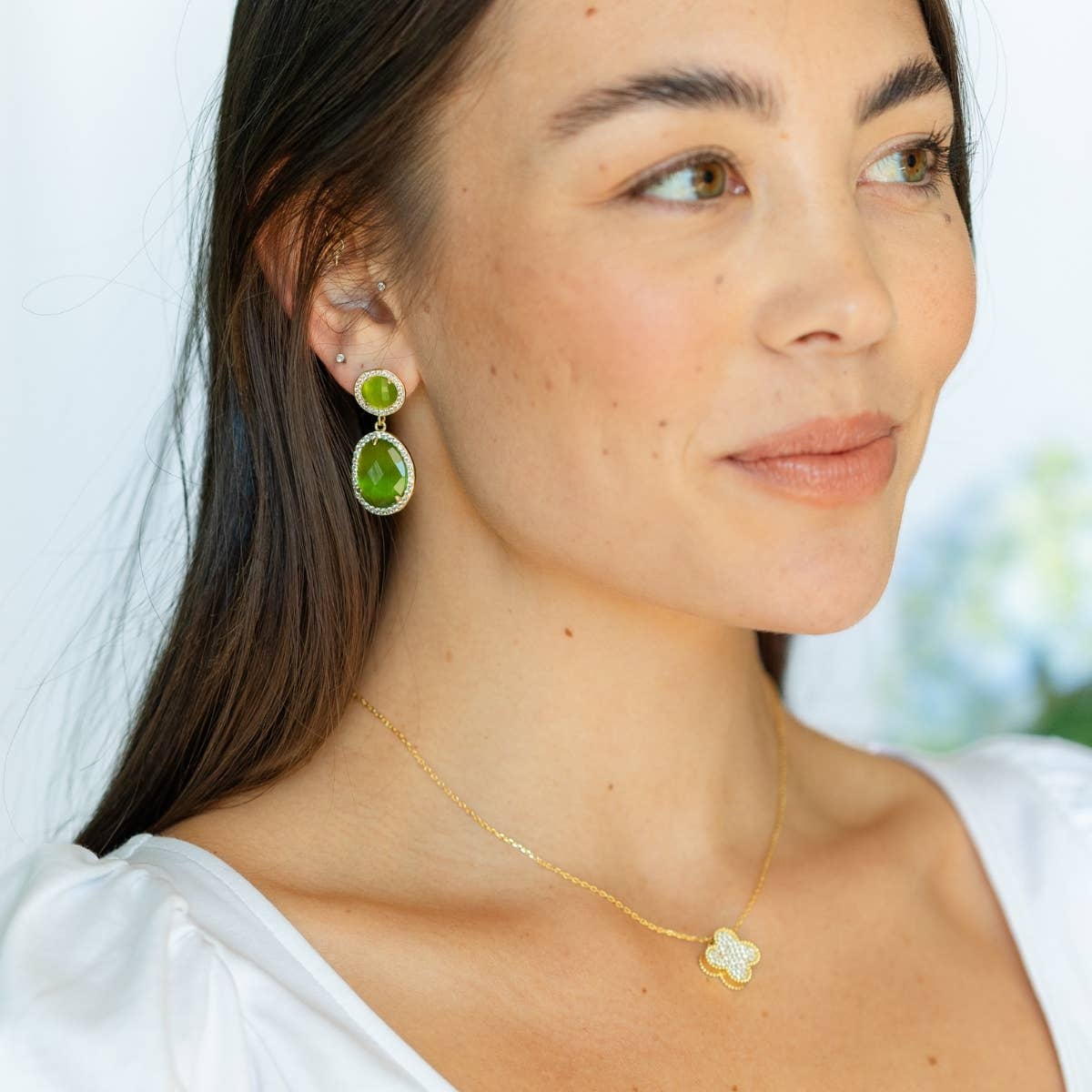 Clementine, Pave Stone Double Drop Earrings, Sale