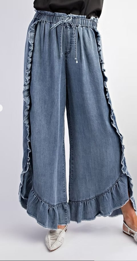 Easy by Easel Side Ruffle Chambray Pants