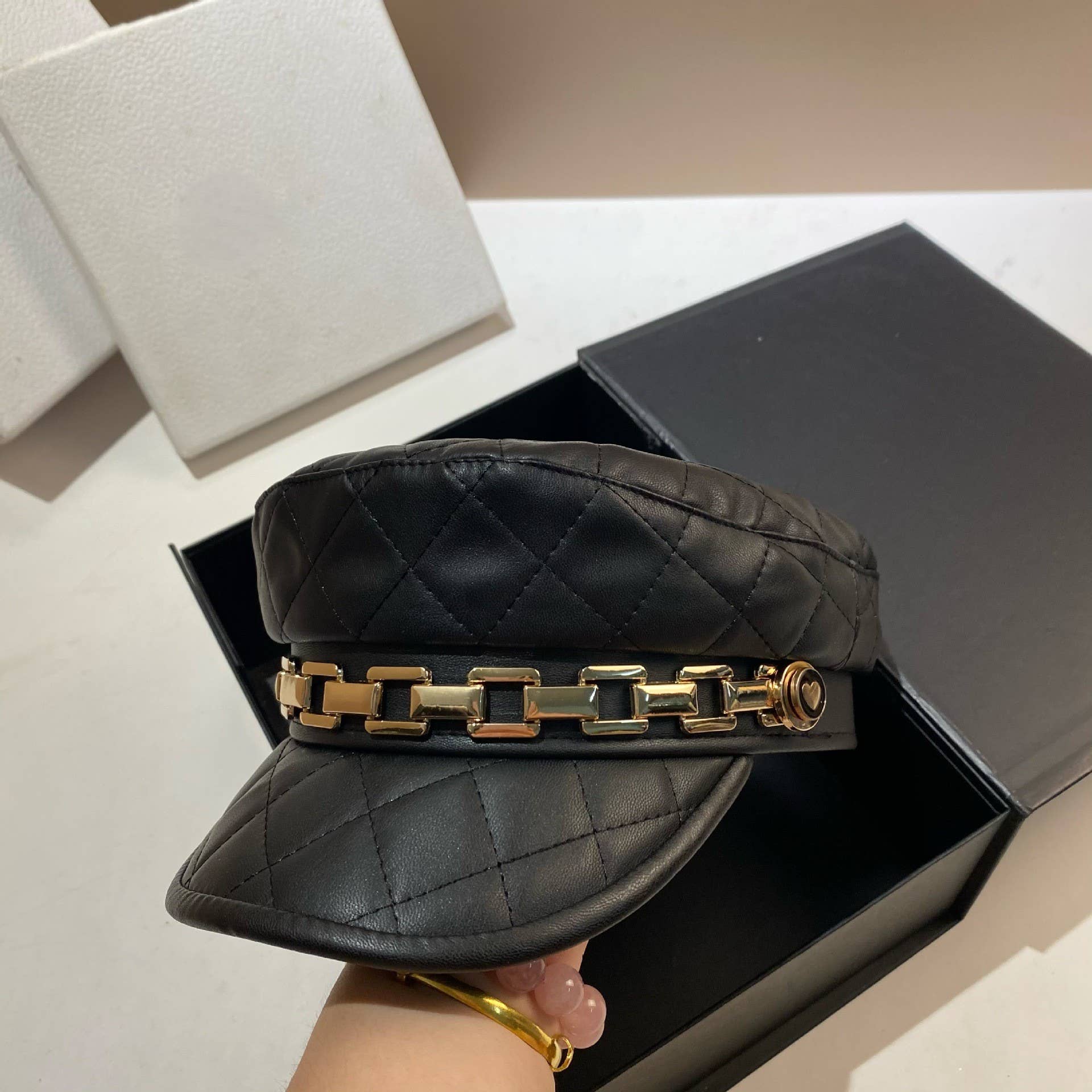 Quilted Leather Chain Detail Hat