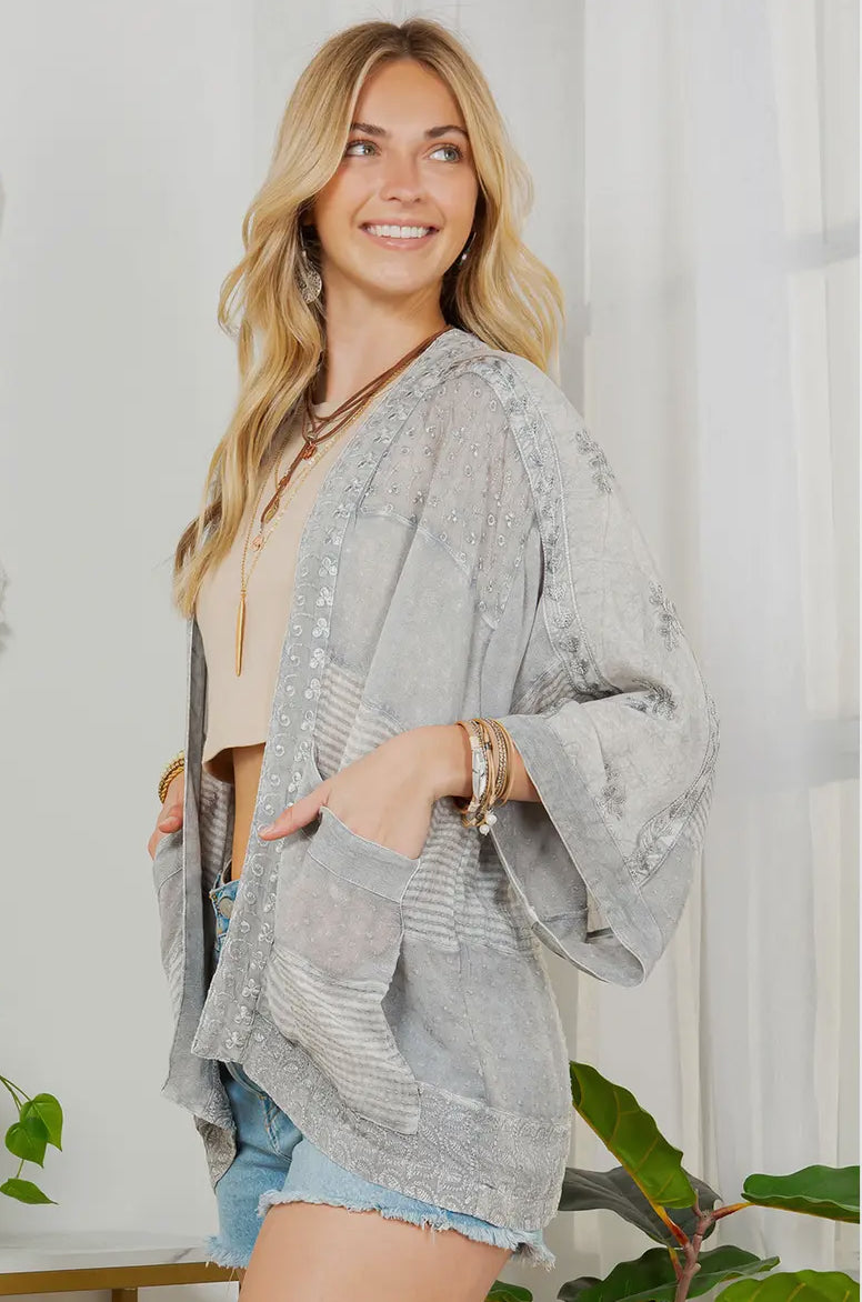Mirelle Embroidered Cover Up Cardigan in Soft Grey