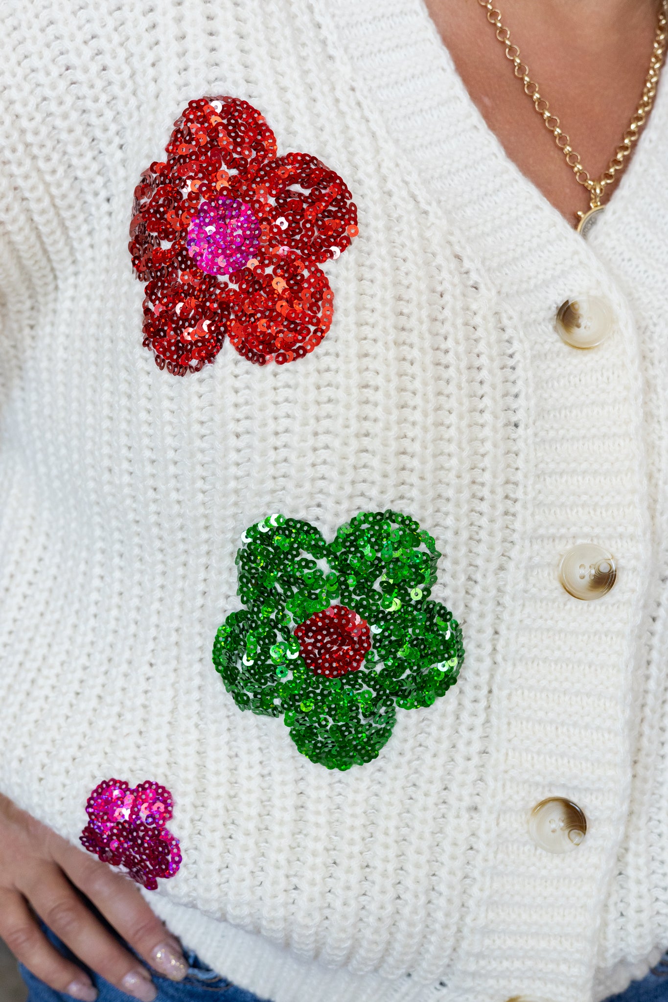 Sandra Sequin Flower Cardigan - Ivory Chunky Knit
