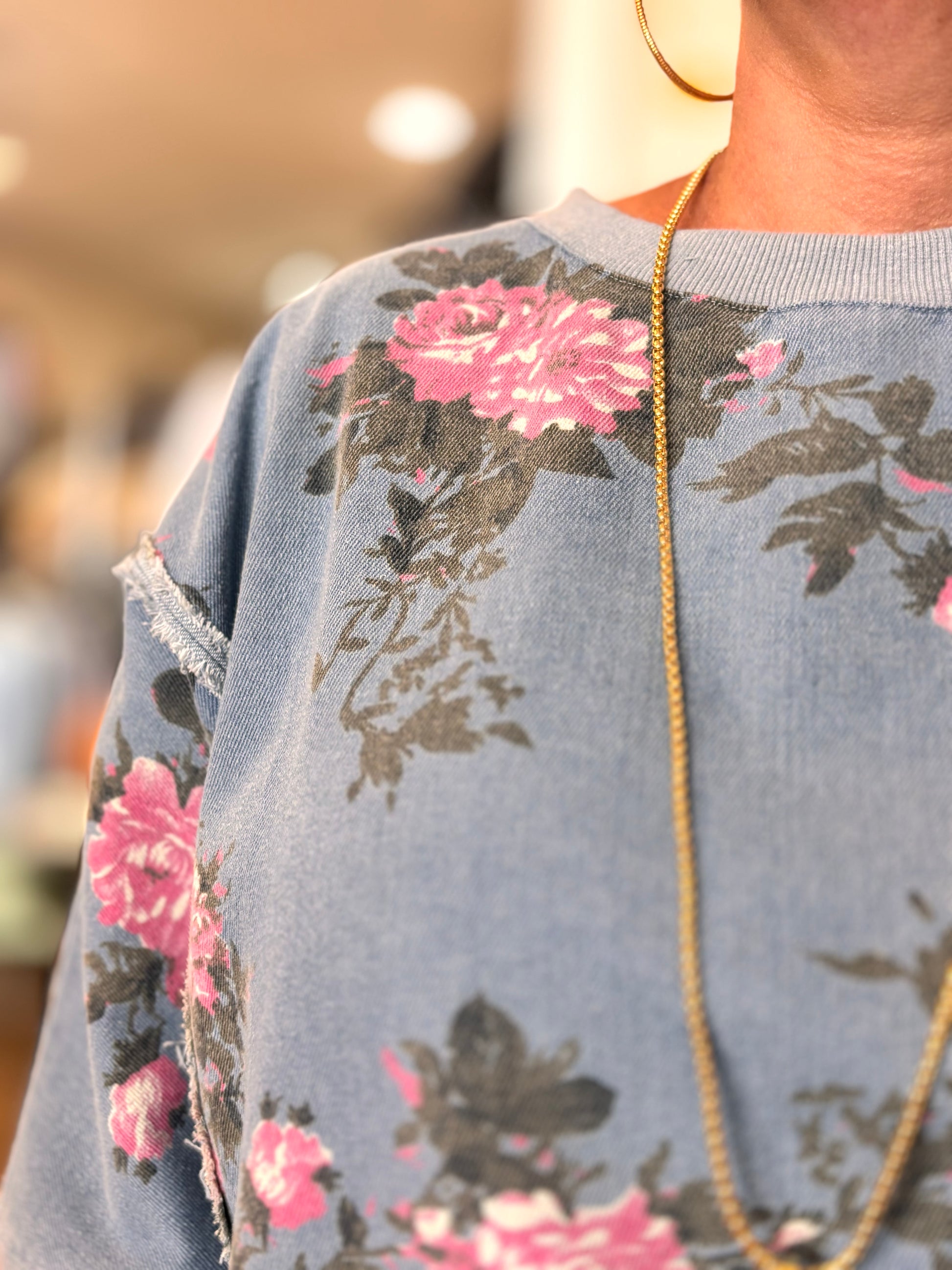 BiBi Elease Denim Floral Short Sleeve Top