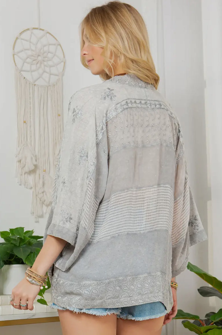 Mirelle Embroidered Cover Up Cardigan in Soft Grey