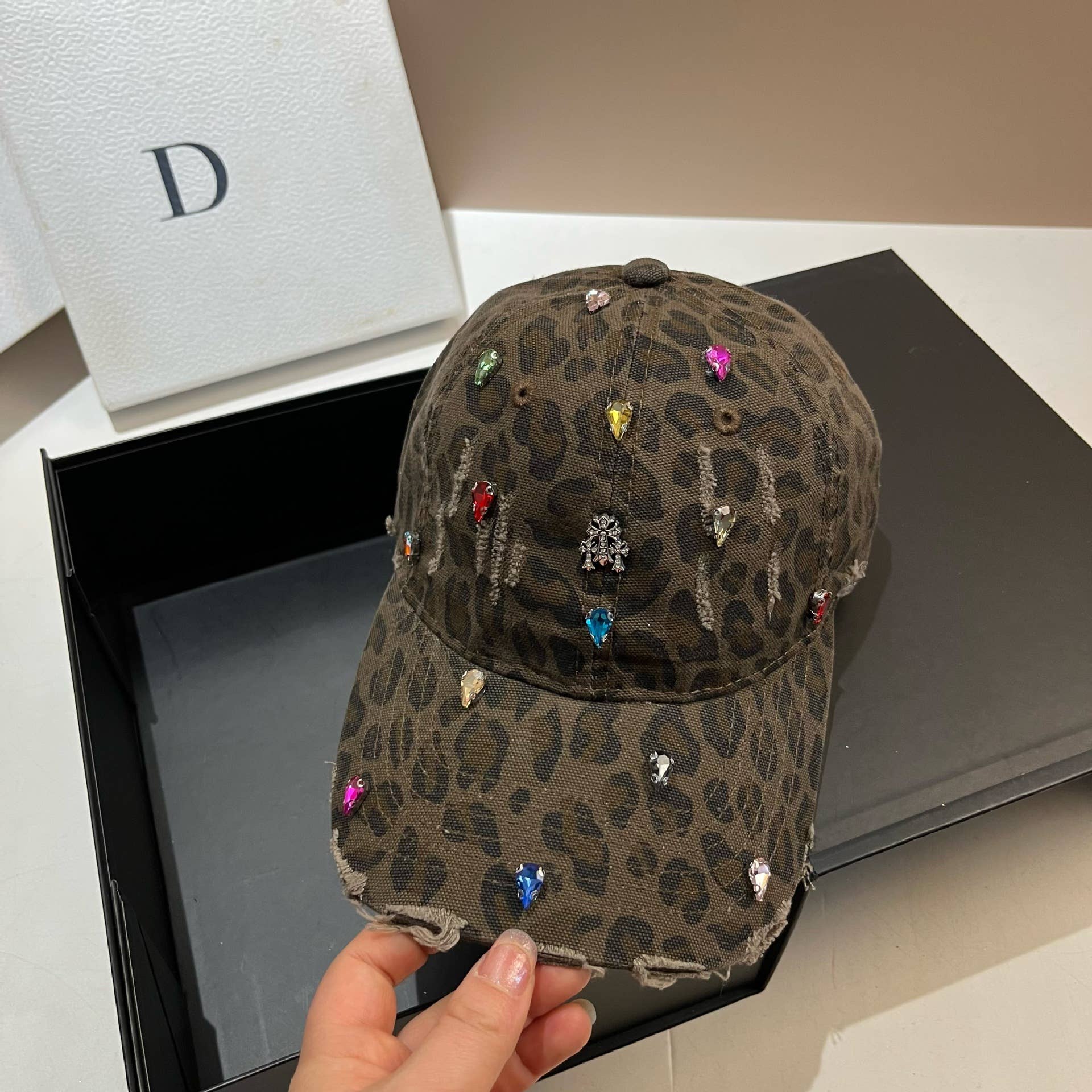 Jewelled Leopard Print Fashion Cap