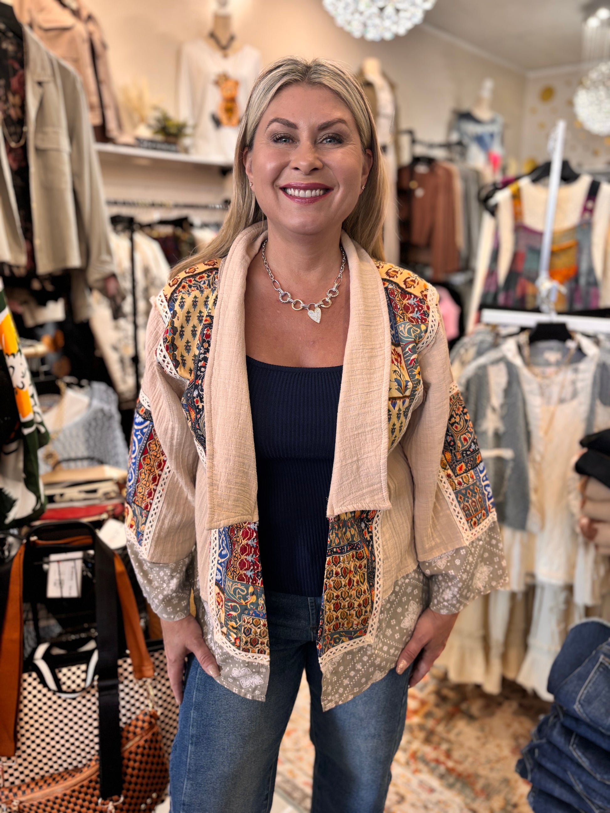 Jolene Long Sleeve Paisley Contrast Woven Open Jacket