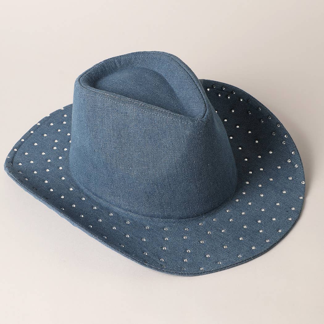 Cubic Embellished Denim Cowboy Hat