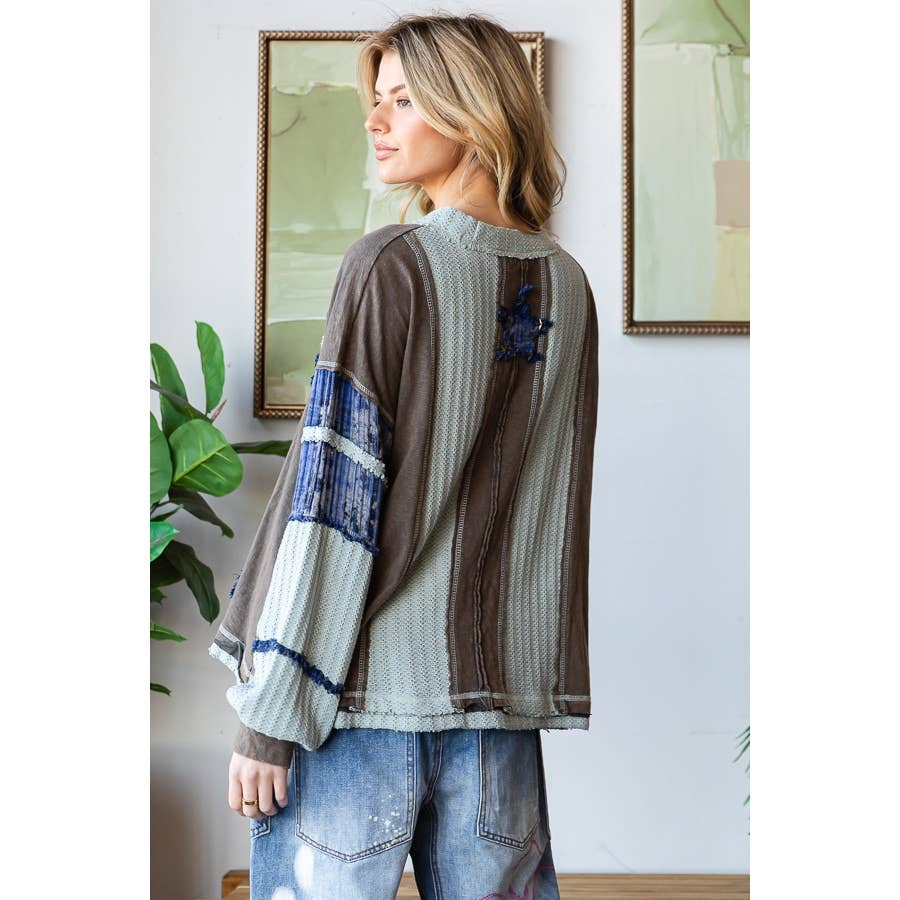 WASHED STAR PATCHWORK LONG SLEEVE KNIT TOP
