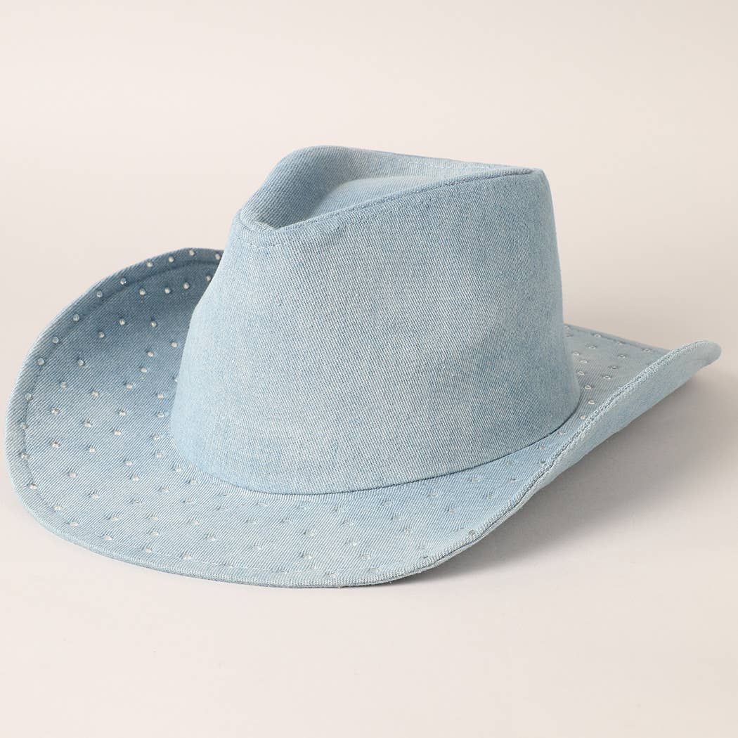 Cubic Embellished Denim Cowboy Hat
