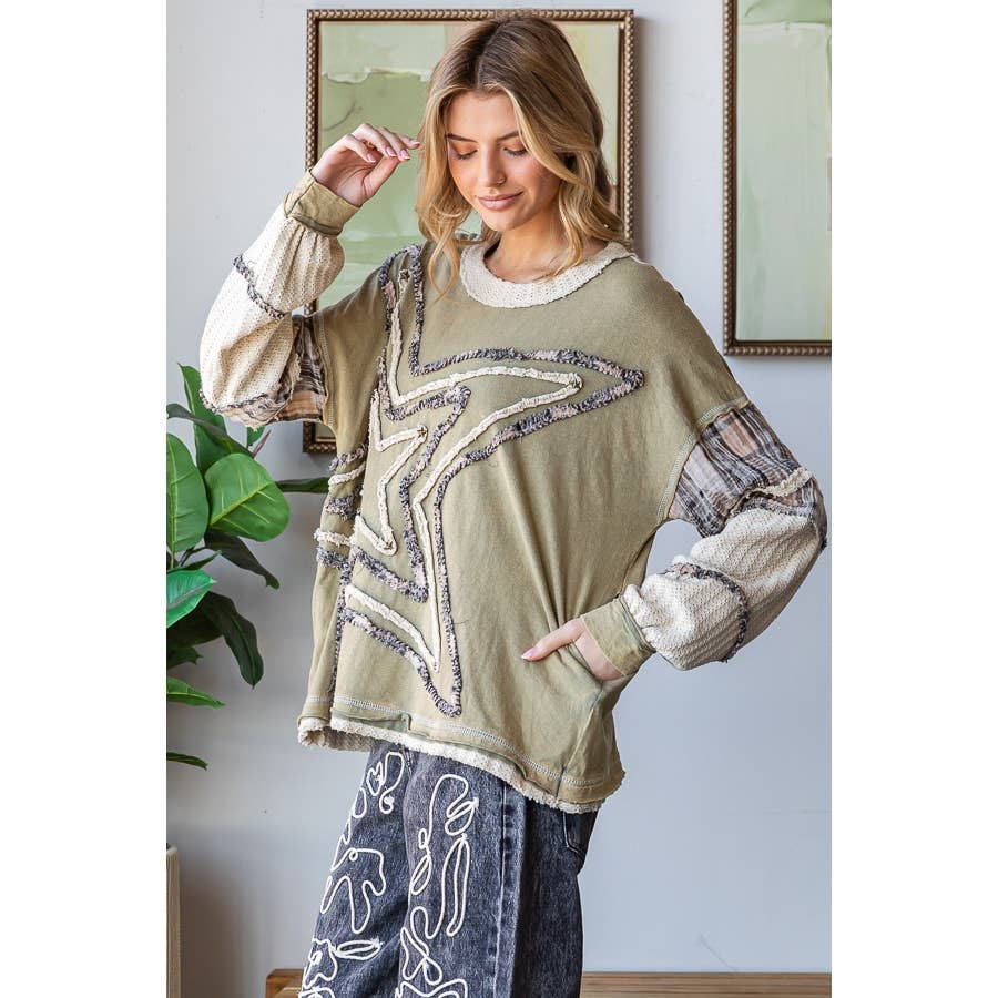 WASHED STAR PATCHWORK LONG SLEEVE KNIT TOP
