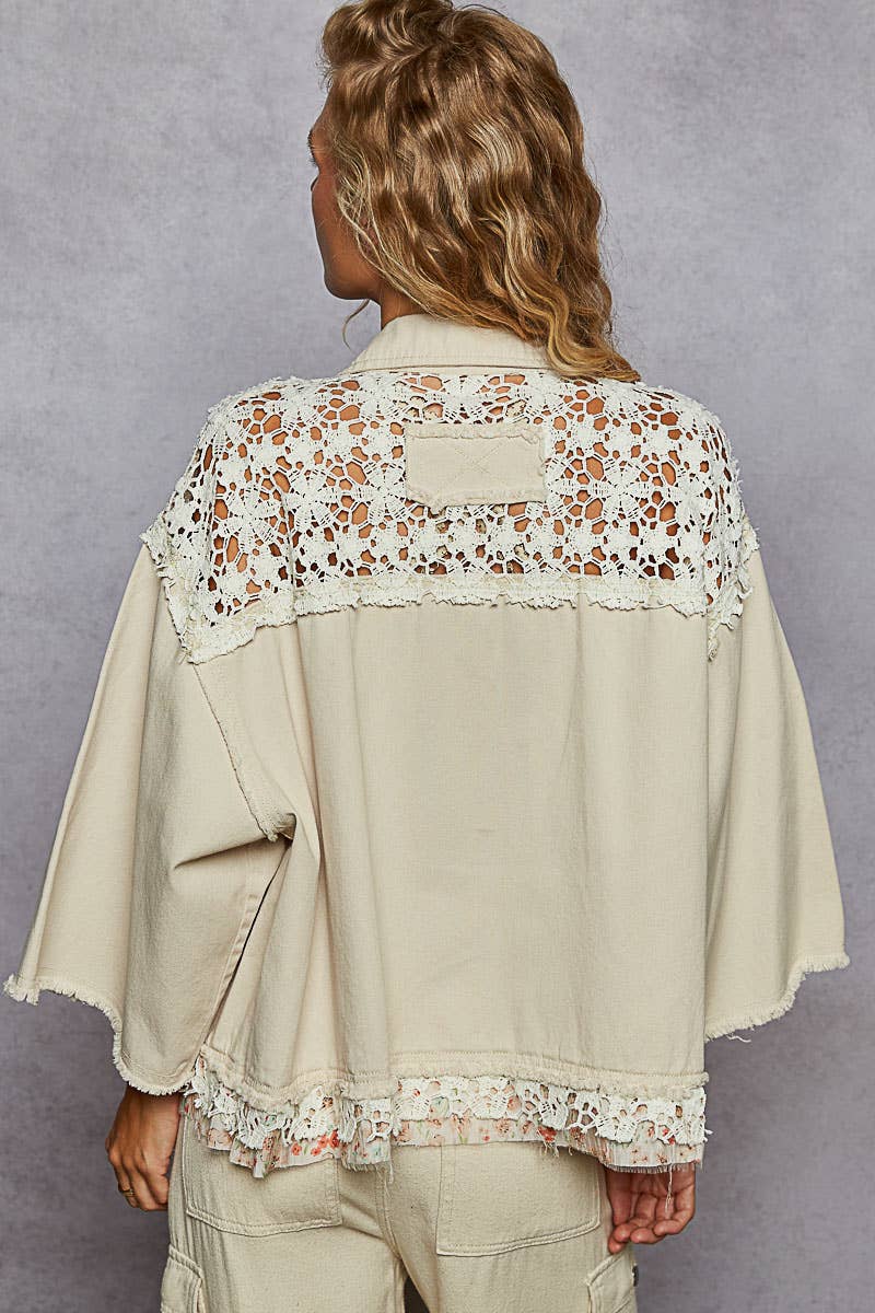 POL Floral woven print and lace contrast shacket