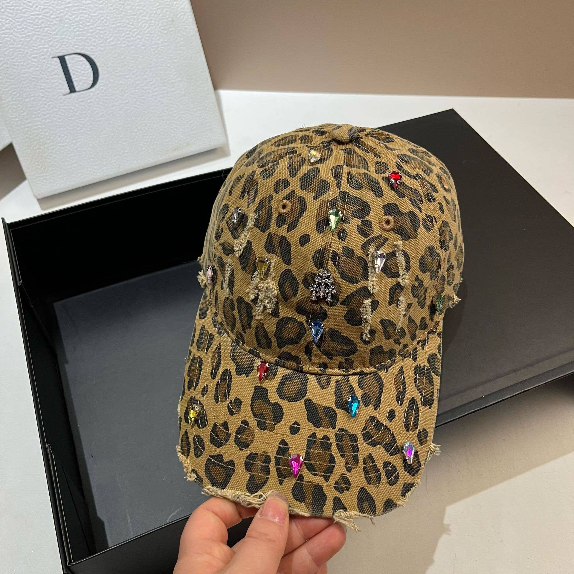 Jewelled Leopard Print Fashion Cap