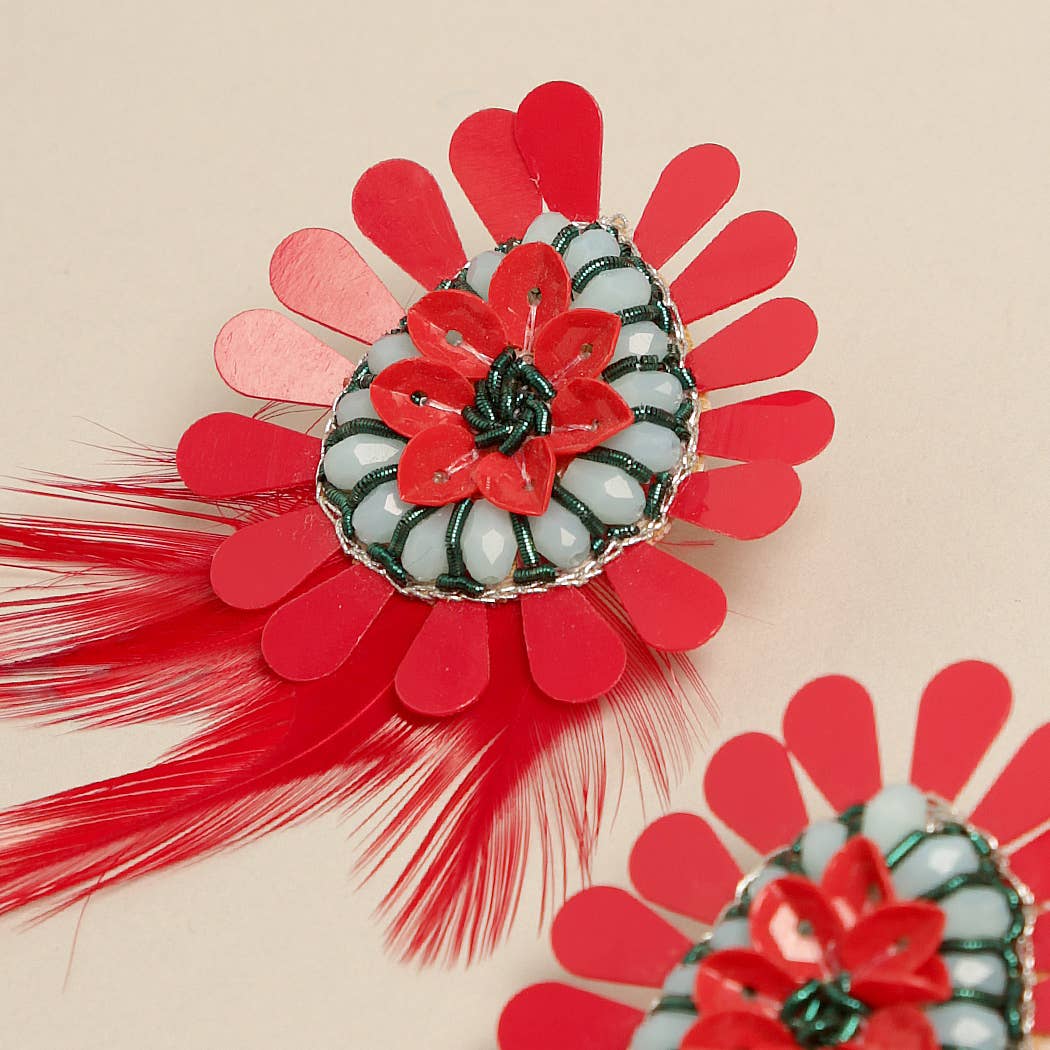 Boho Tribal Earrings with Feather Drop