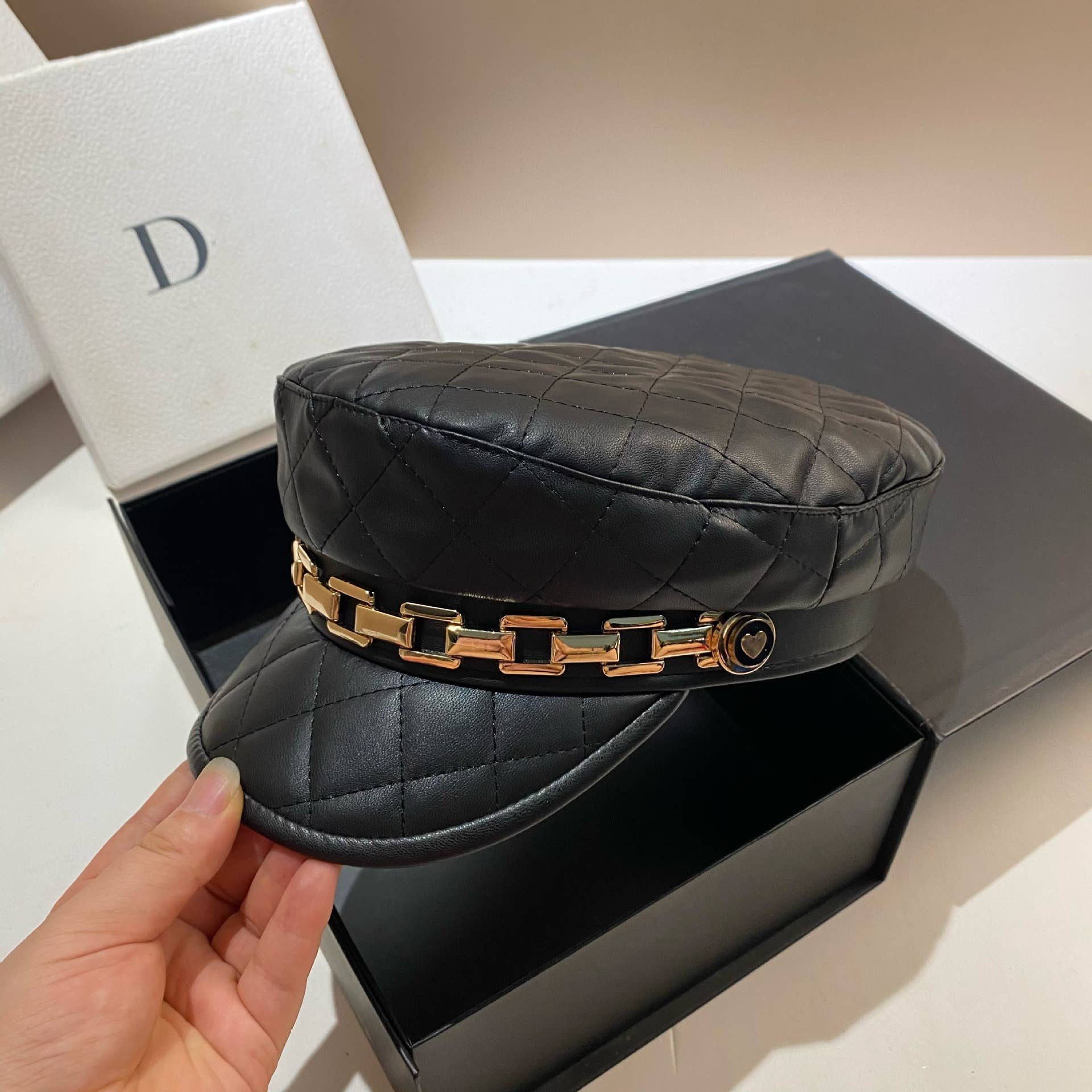 Quilted Leather Chain Detail Hat