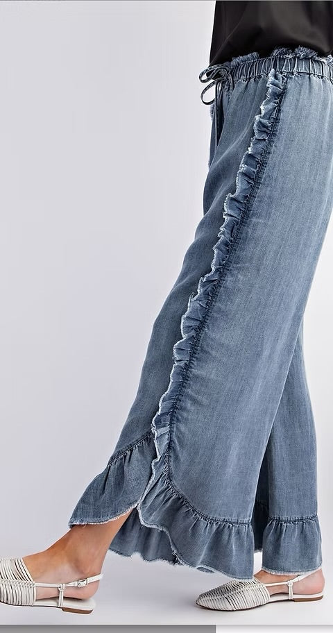 Easy by Easel Side Ruffle Chambray Pants