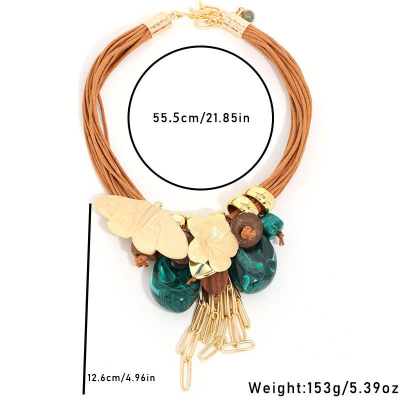 Floral & Teal Drop Chunky Necklace in Green/Gold