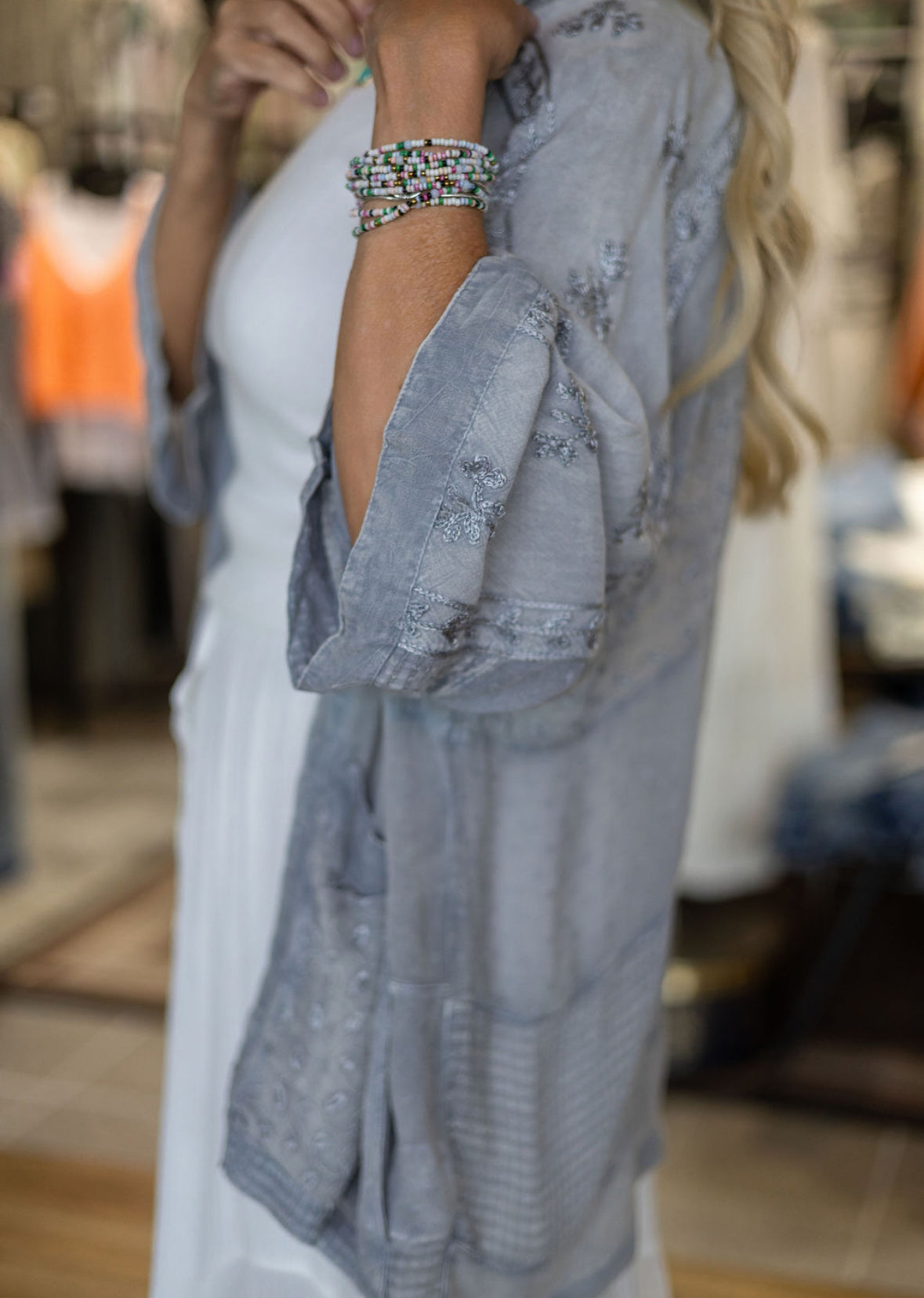 Mirelle Embroidered Cover Up Cardigan in Soft Grey