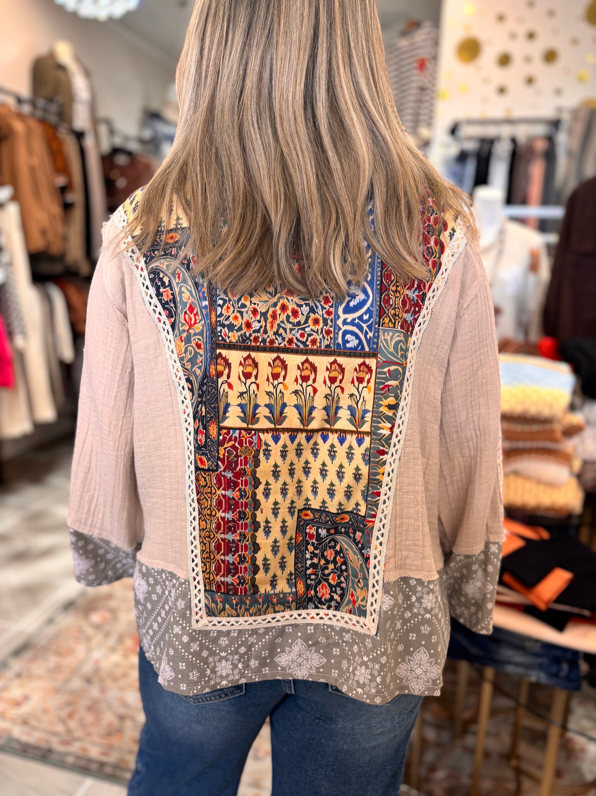 Jolene Long Sleeve Paisley Contrast Woven Open Jacket