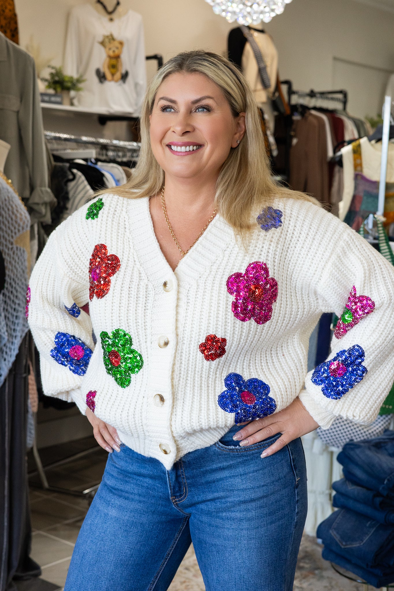 Sandra Sequin Flower Cardigan - Ivory Chunky Knit