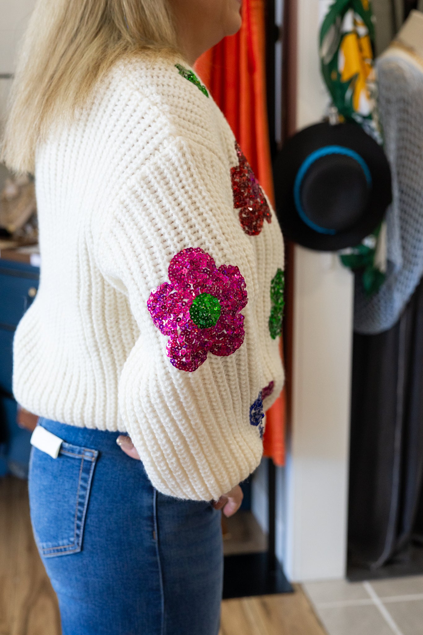 Sandra Sequin Flower Cardigan - Ivory Chunky Knit