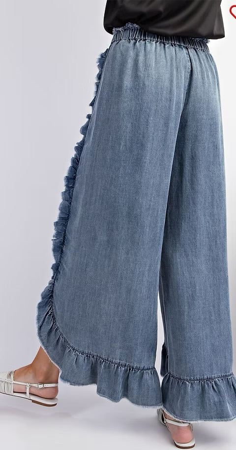 Easy by Easel Side Ruffle Chambray Pants