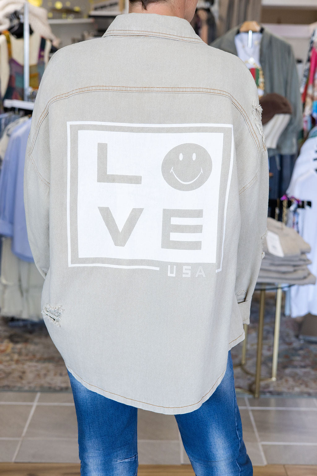 L.O.V.E distressed denim jacket