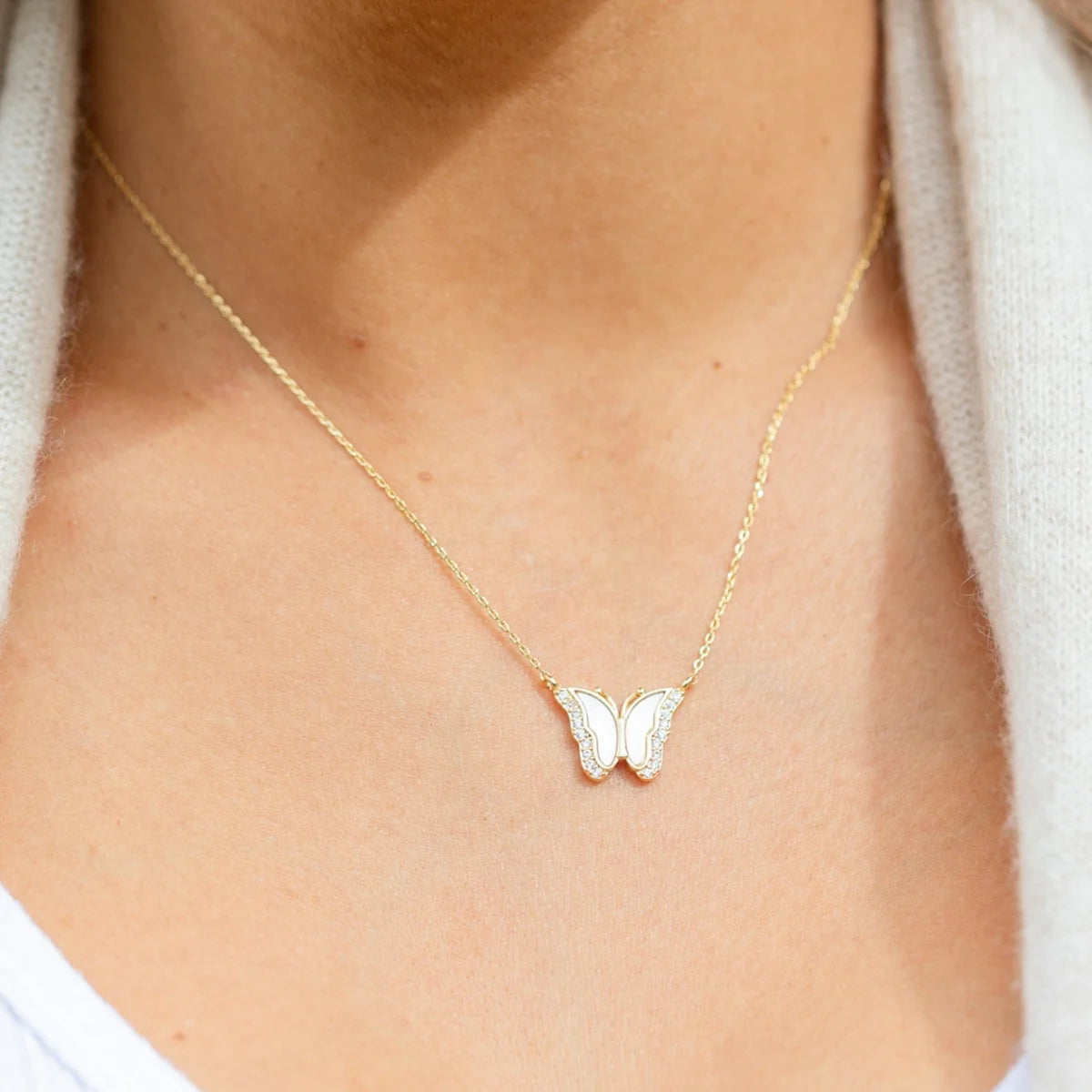 Splendid Iris Sweet Shell Pave Butterfly Necklace