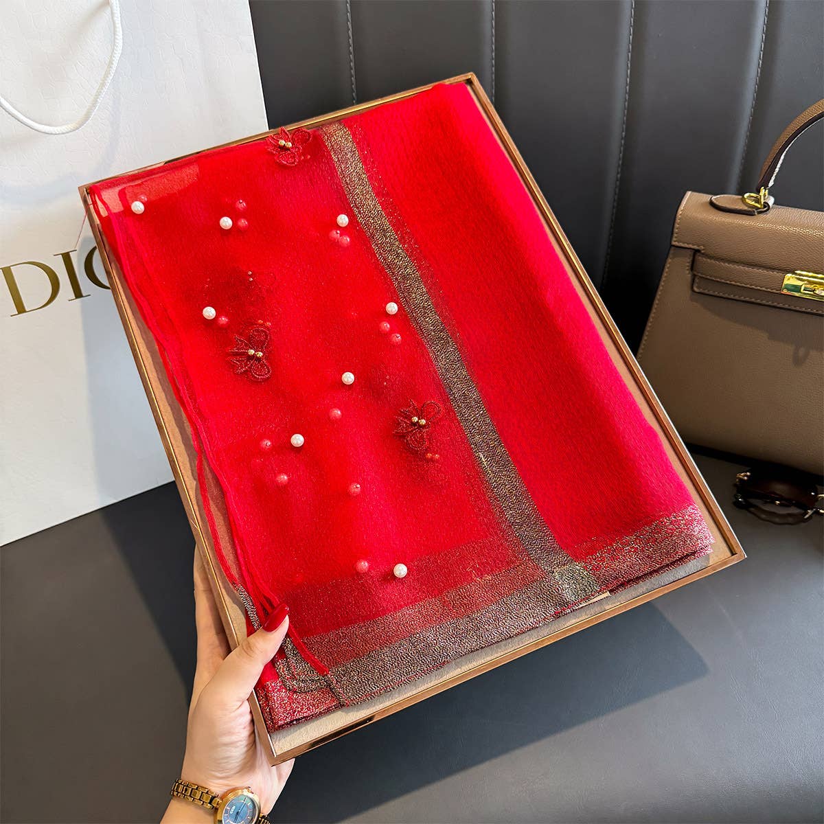 Silk Scarf with Embroidered Bows & Pearls