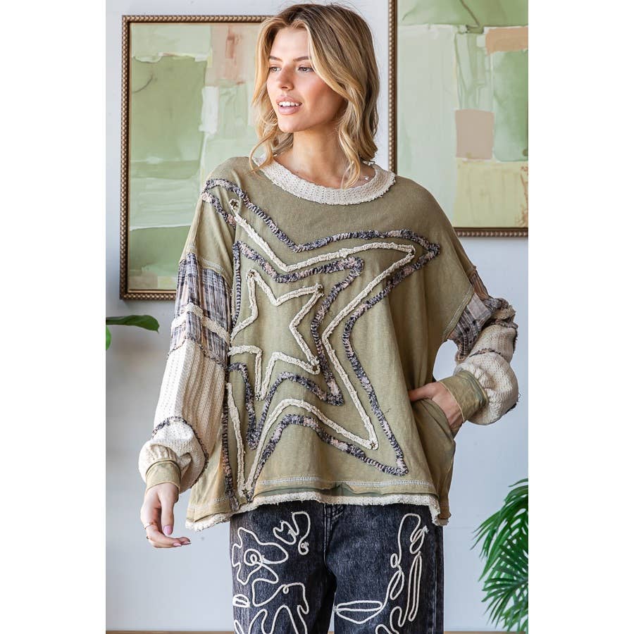WASHED STAR PATCHWORK LONG SLEEVE KNIT TOP