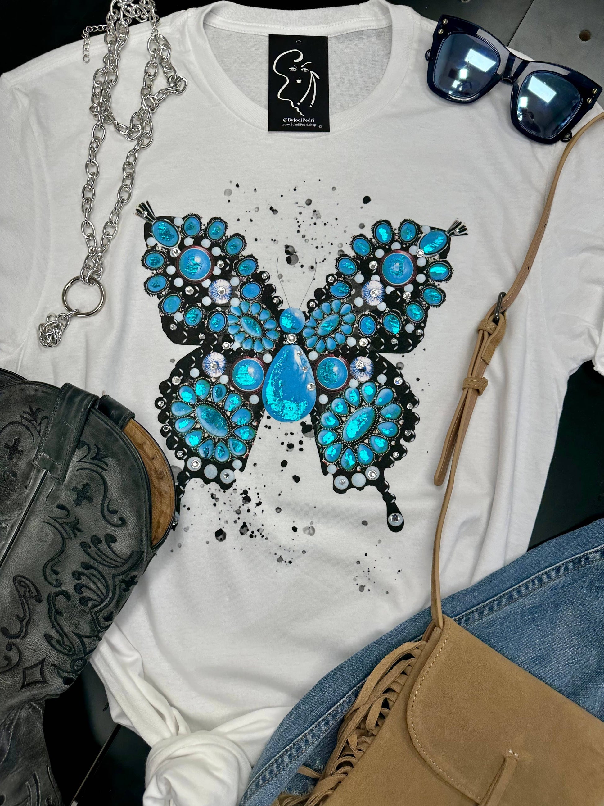 Turquoise Butterfly Western Tee, T-shirt, Tank, Sweatshirt