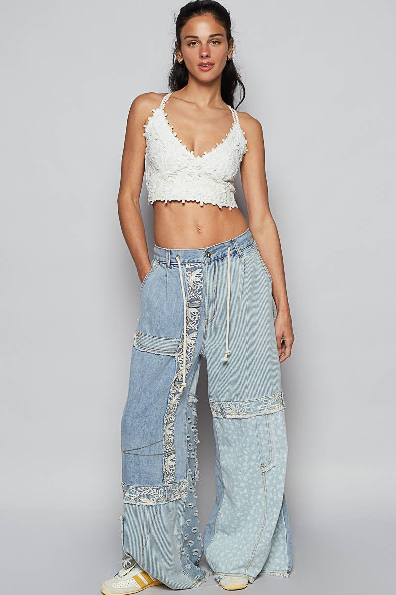 POL Lace-Overlay Detailed Denim Woven Pants