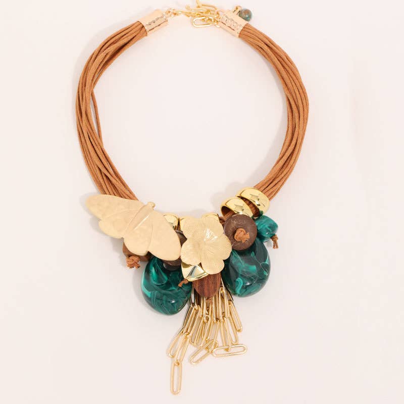 Floral & Teal Drop Chunky Necklace in Green/Gold