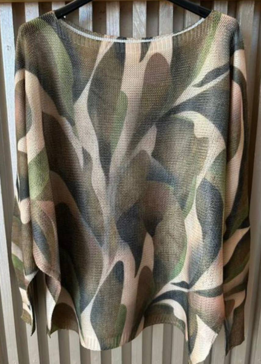 Olive Abstract Round Neck Knit Printed Sweater