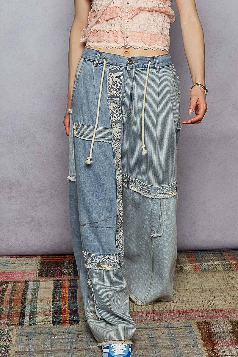 POL Lace-Overlay Detailed Denim Woven Pants