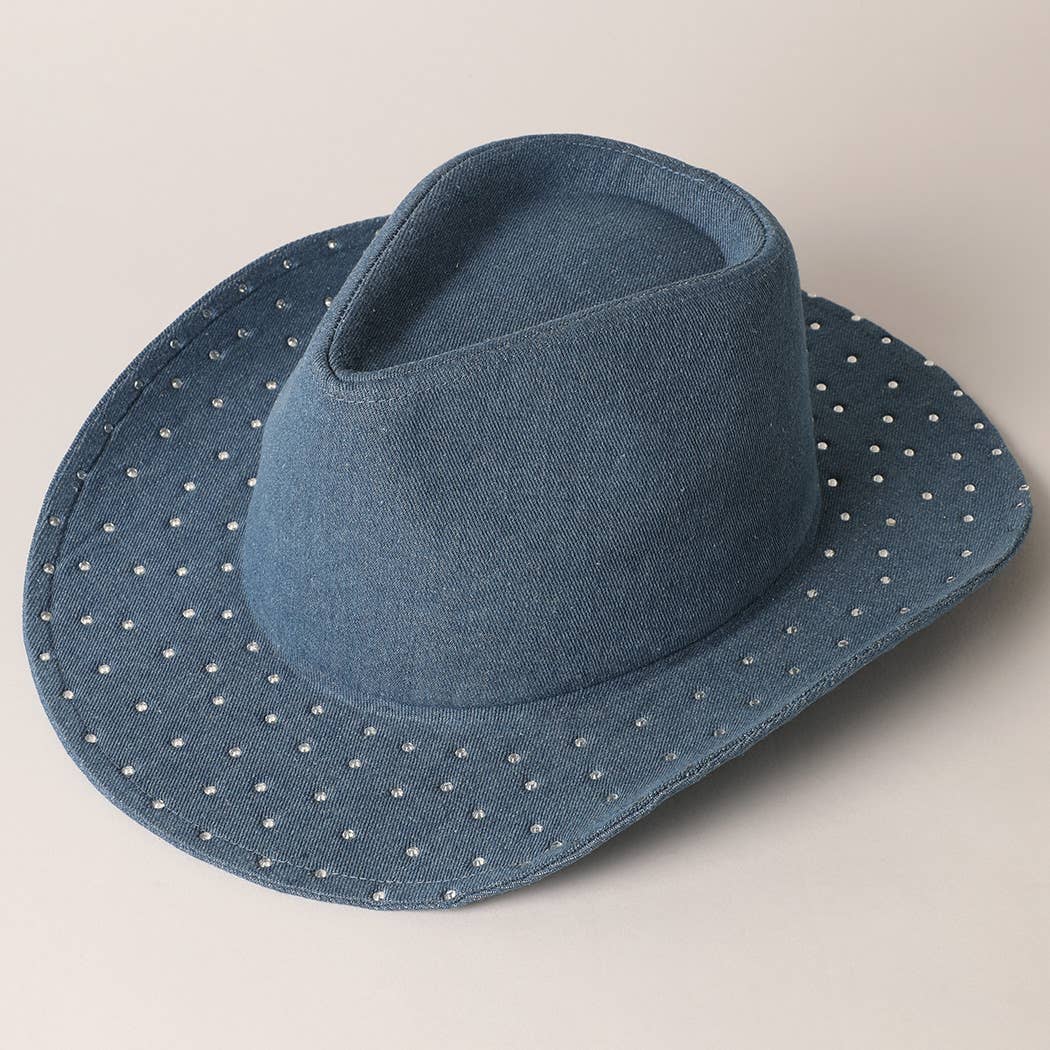 Cubic Embellished Denim Cowboy Hat