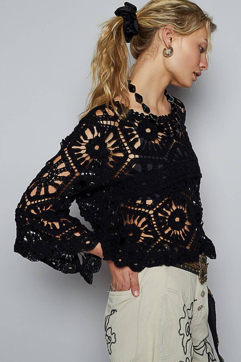 Rolane Round Neck 3/4 Sleeve Crochet Crop Top