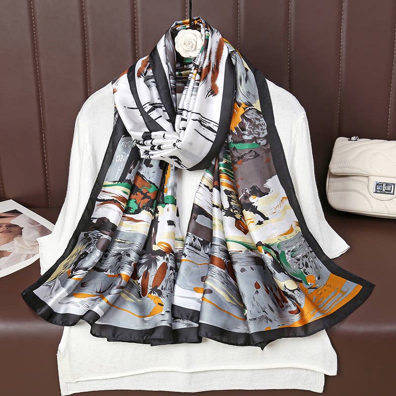 Abstract Cityscape Design Satin Scarf in Grey