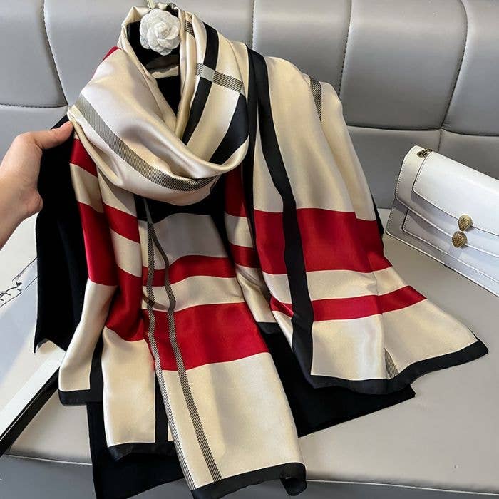 Satin Scarf with Classic Red and Beige Stripes