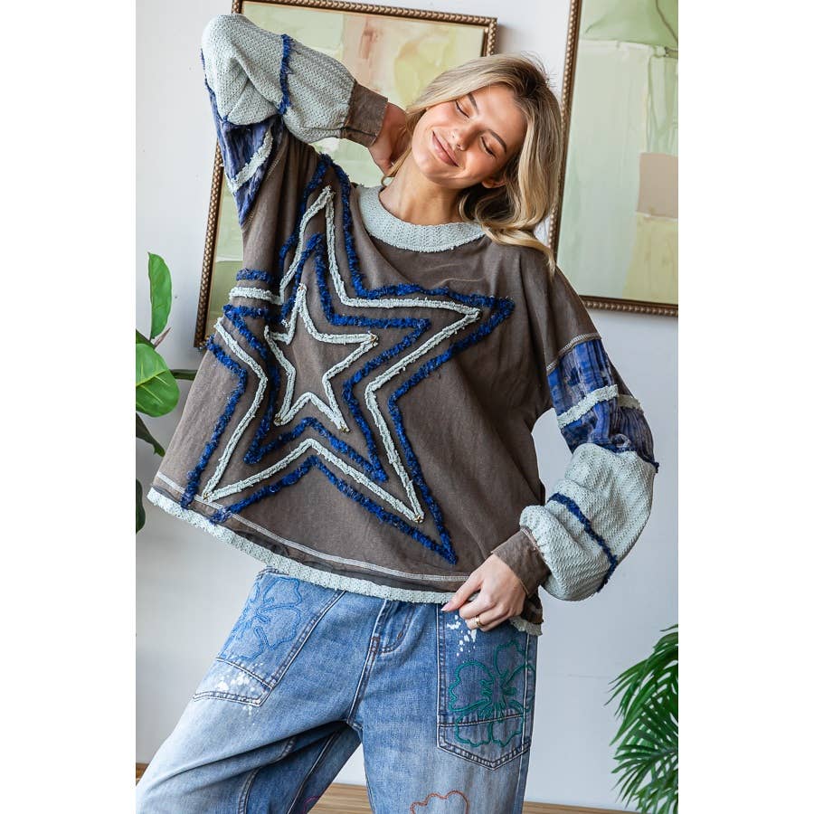 WASHED STAR PATCHWORK LONG SLEEVE KNIT TOP