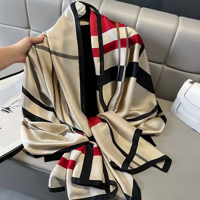 Satin Scarf with Classic Red and Beige Stripes