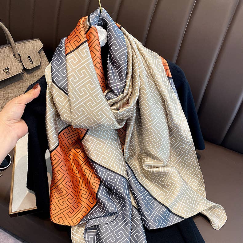 Luxurious G Print Satin Scarf in Beige/Orange