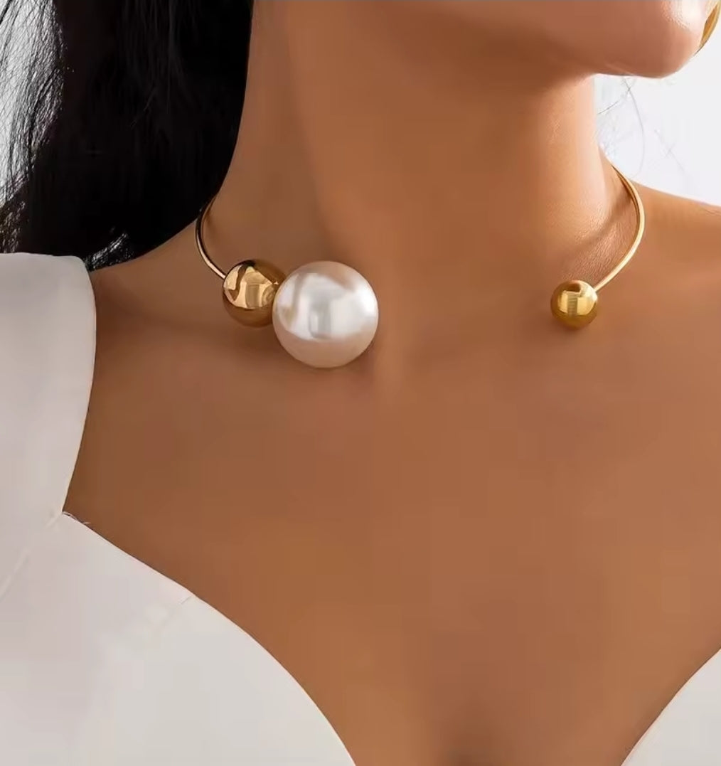 Statement Pearl & Gold Ball Necklace - Unique Designer Piece