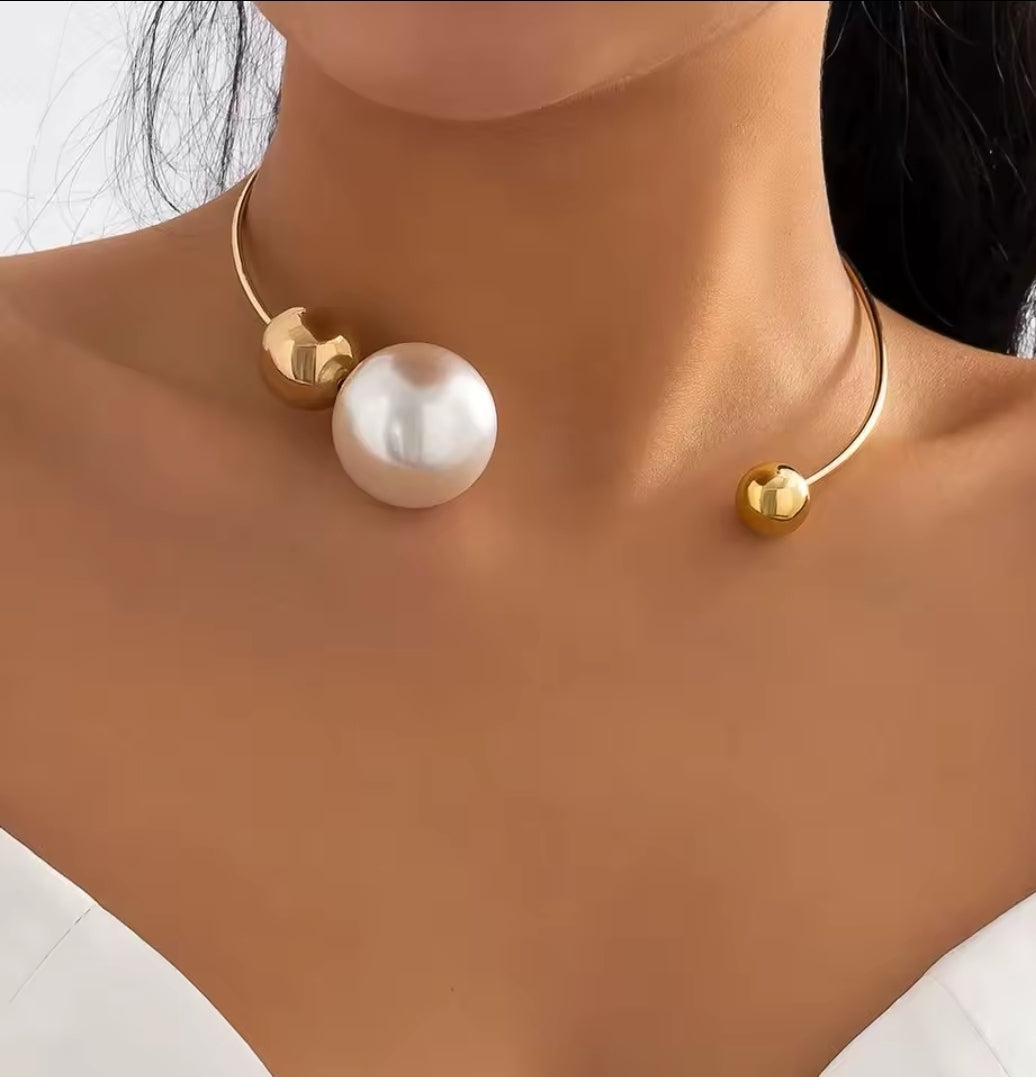 Statement Pearl & Gold Ball Necklace - Unique Designer Piece