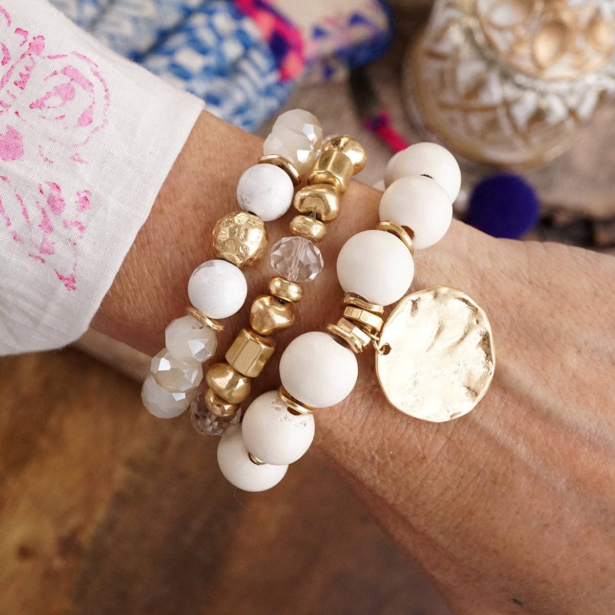 Boho Beads Coin Bracelets Statement set in Cream