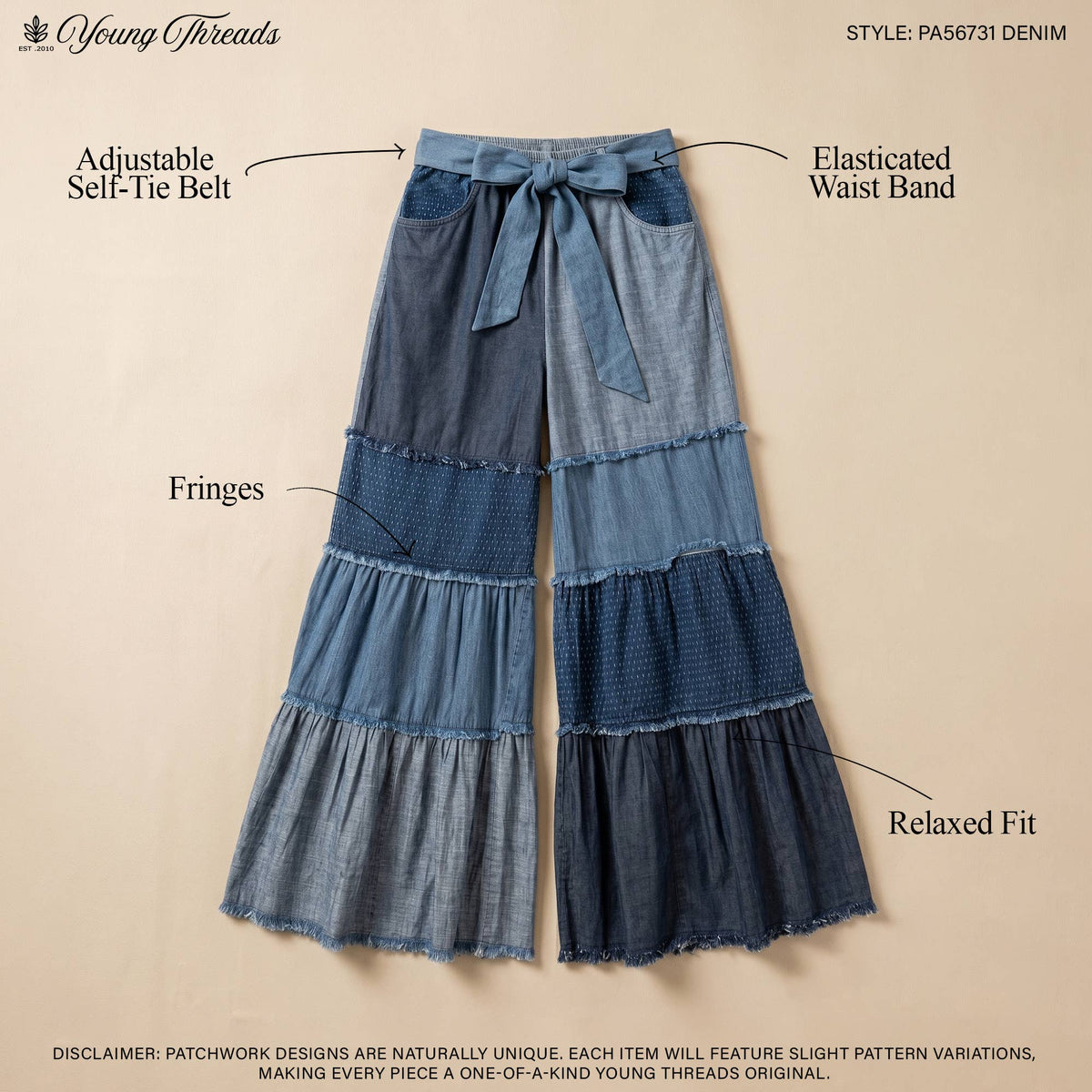 Patchwork Tiered Denim Flare Pants